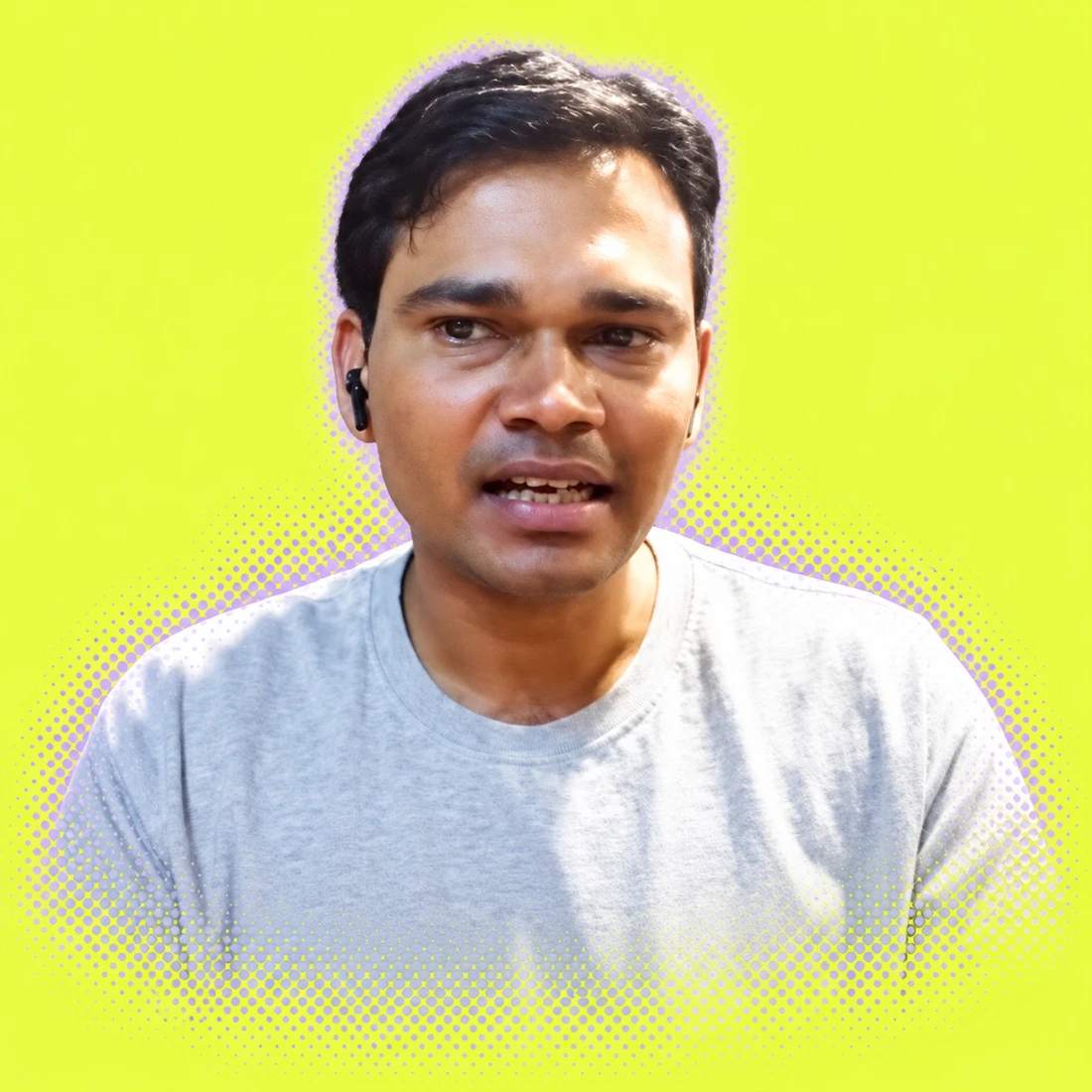 Dev from the supplied livestream photo, blended into acid yellow with a lilac halftone edge